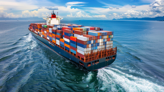 A large container ship sailing on the sea, seen from above, with colorful containers stacked high and waves crashing behind it.