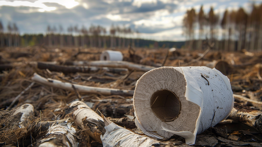 A roll of toilet paper on the ground with an endless field of deforested forests behind it highlights an environmental message about sustainability.