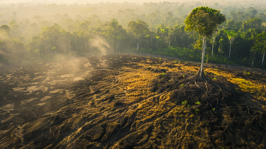 An aerial view of the deforested Amazon rainforest terrain with a lone tree standing amidst wetland forest, sunlight filtering through trees, and dust clouds rising.