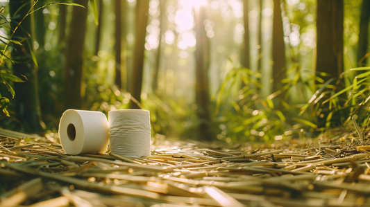 A roll of bamboo toilet paper on the ground with a bamboo forest background 