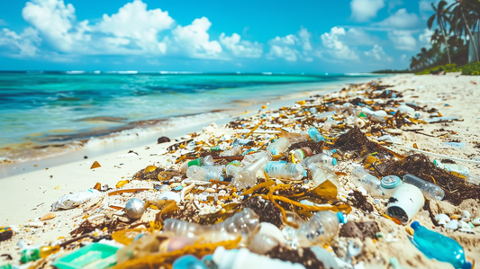 The beautiful beach is covered with plastic bottles and other garbage, which has become an environmental issue due to the forests being cut down by human activity in tropical areas.